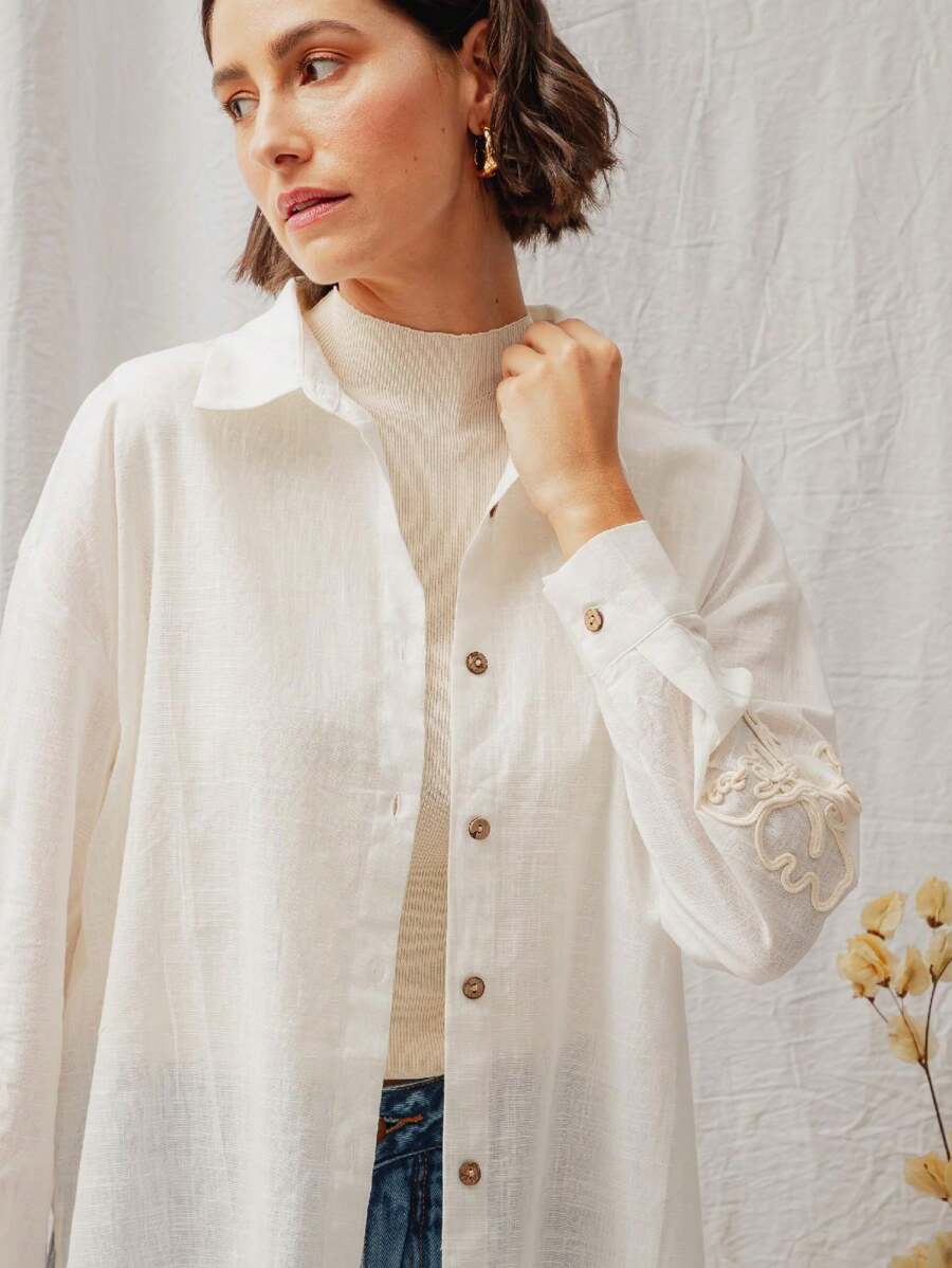 Camisa Oversized Boho de Manga Bordada em Algodão