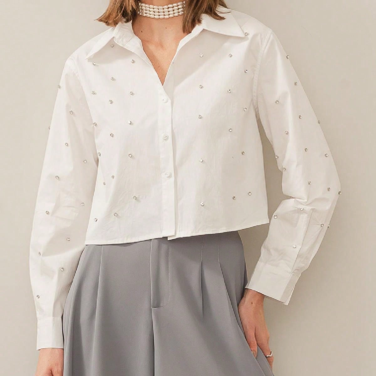 Camisa Cropped Solta de Manga Longa com Cristais