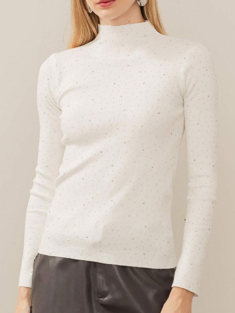 Blusa de Tricot Manga Comprida Gola Cacharel Com Cristais