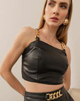 Top Regata Cropped de Couro com Detalhe em Metal Dourado