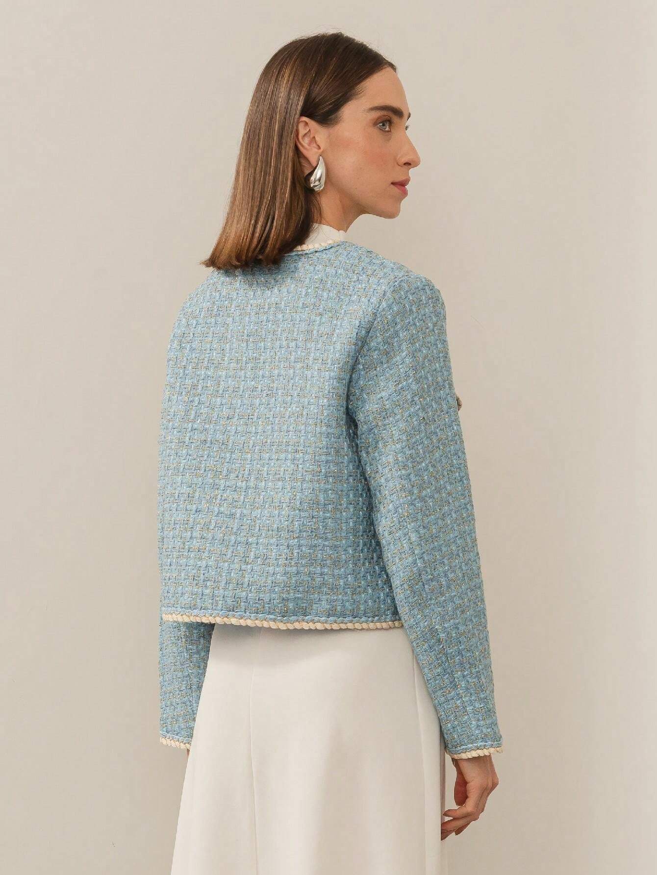 Blazer Feminino Tweed com Botões em Pérola e Bolsos Frontais